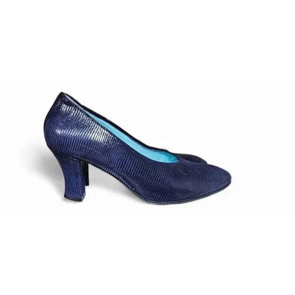 thierry rabotin navy blue ribbed leather pump 3" heel wide EU37 1/2 US7 - Picture 5 of 12